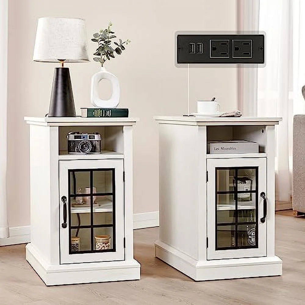 Distressed White End Table with Glass Door J95050