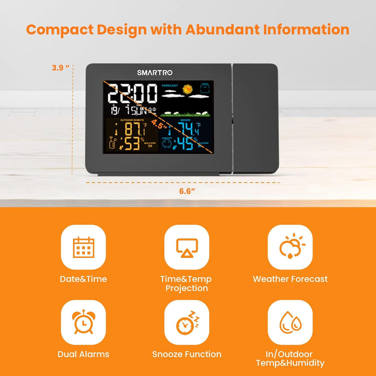 Projection Alarm Clock with Weather Station, Wireless Indoor Outdoor Thermometer, Temperature Humidity Monitor F95288
