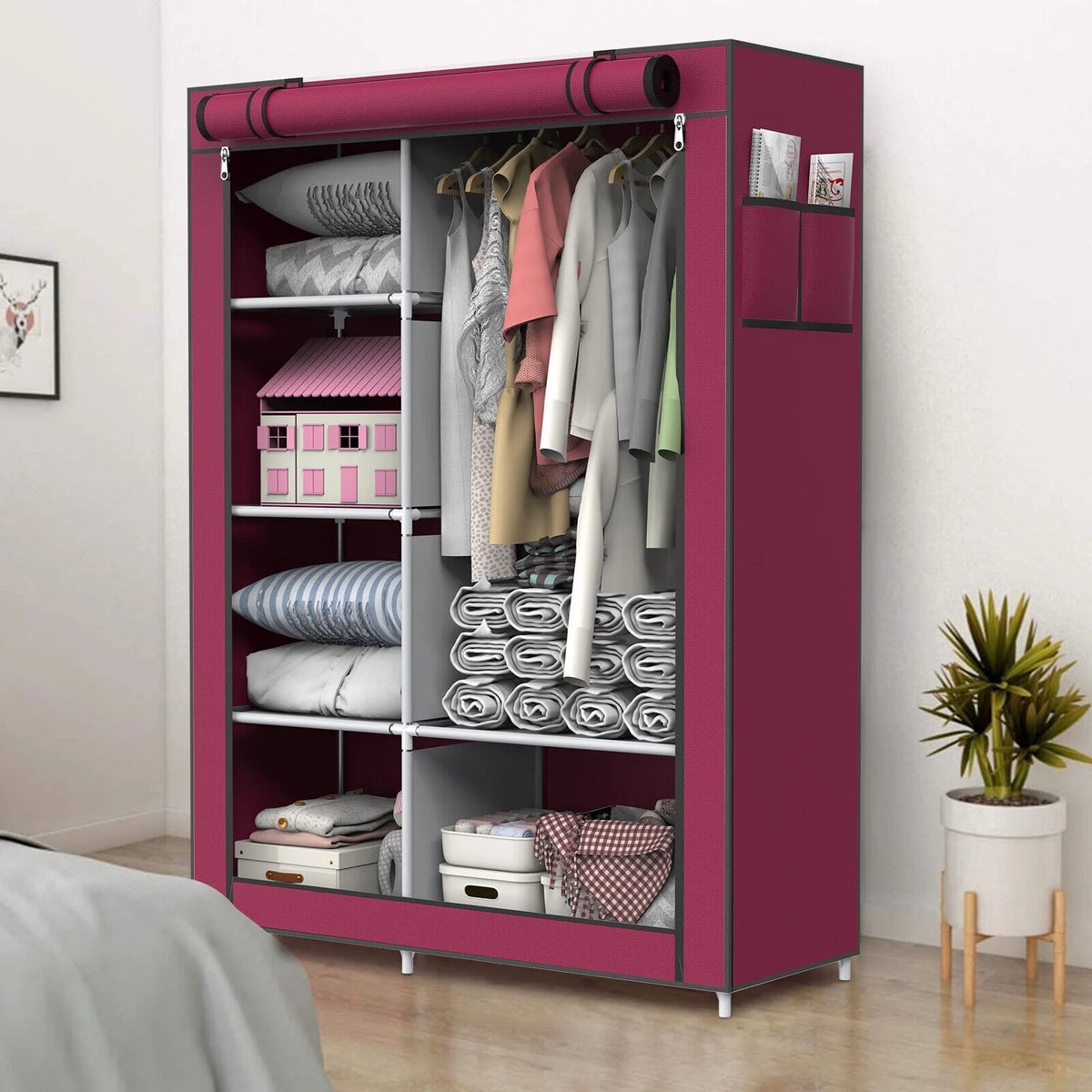 Portable Wardrobe Closet with 5 Storage Shelves and Side Pockets, Red D397