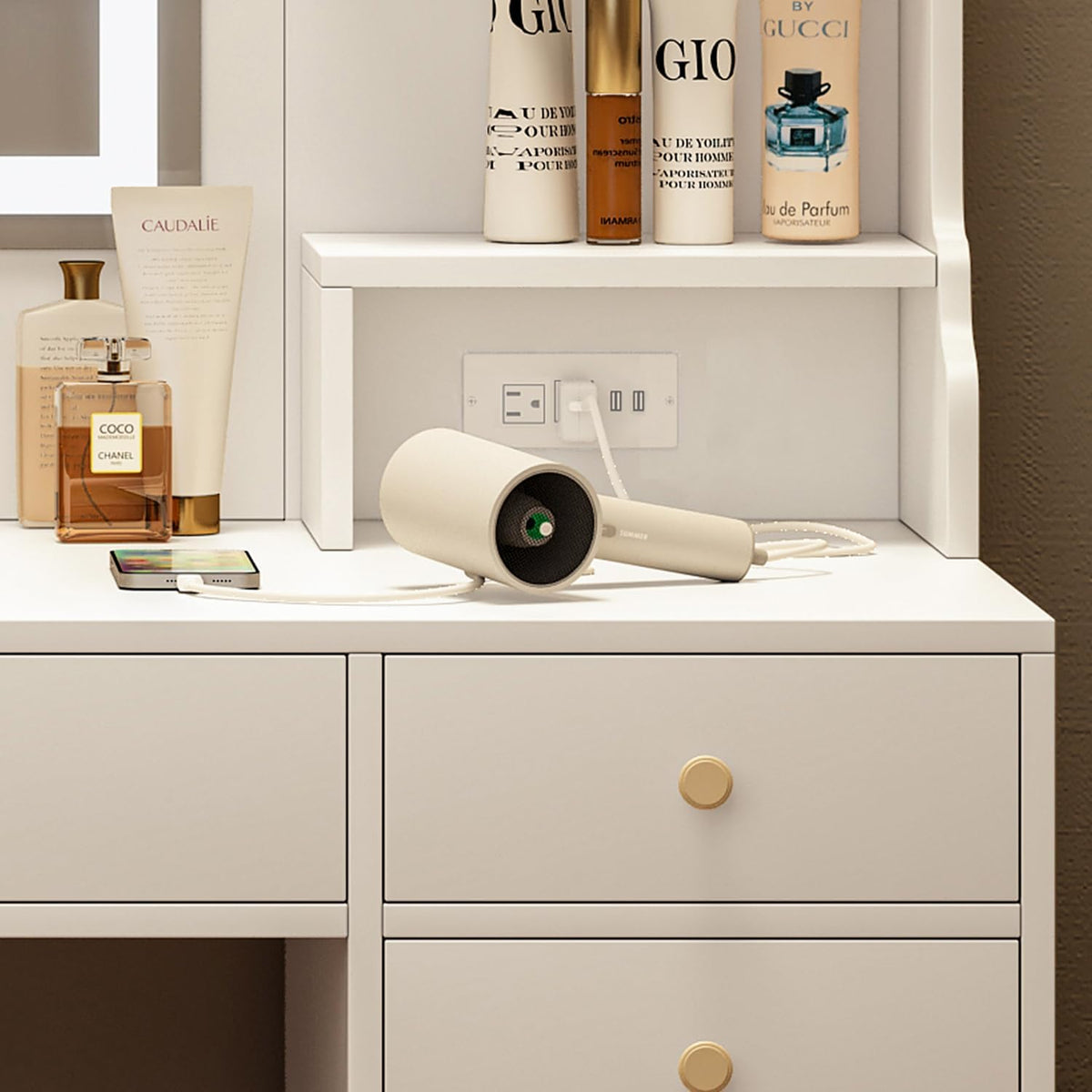 White Vanity Desk with LED Lighted Mirror and 11 Drawers P3650