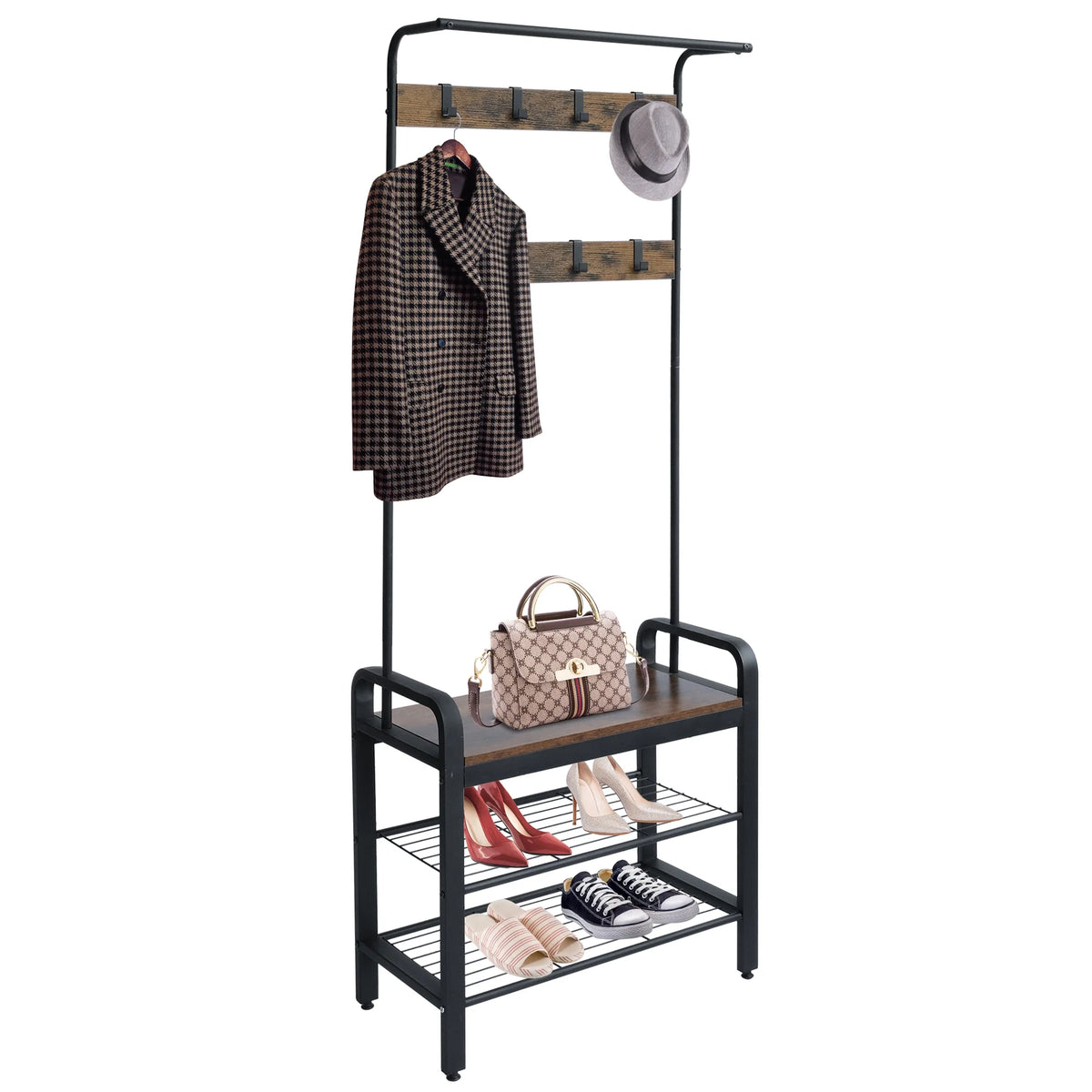 Freestanding Coat Rack with Shoe Bench N423