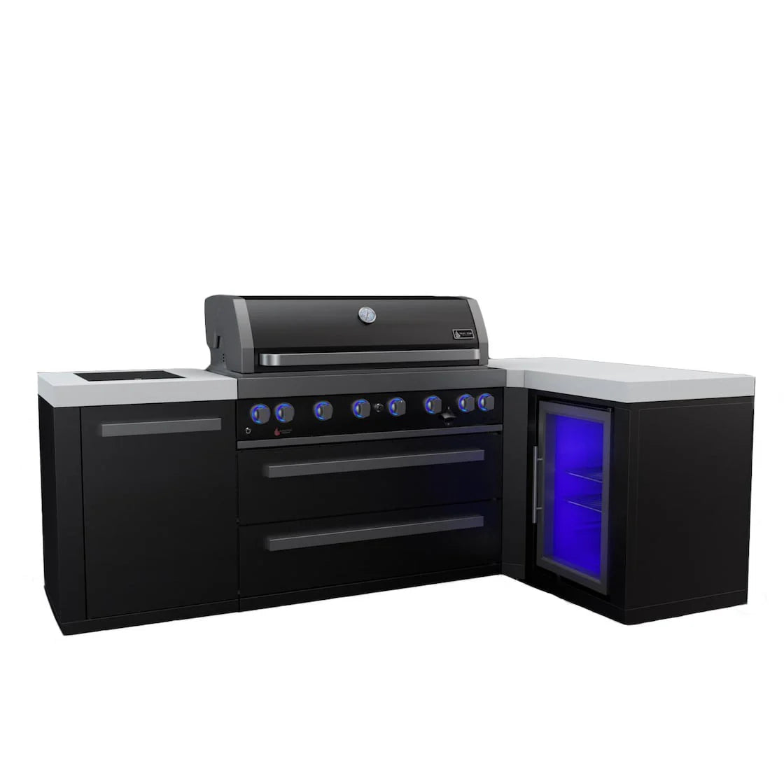 Black Stainless Steel Island Grill with 90 Degree Corner and Fridge Cabinet B956