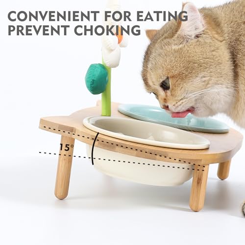 Elevated Cat Ceramic Bowls Stand with Bamboo Body S311504