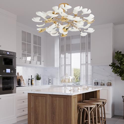 Gold Ceramic Ginkgo Leaf Semi Flush Mount Ceiling Light Fixture, 24" G859247