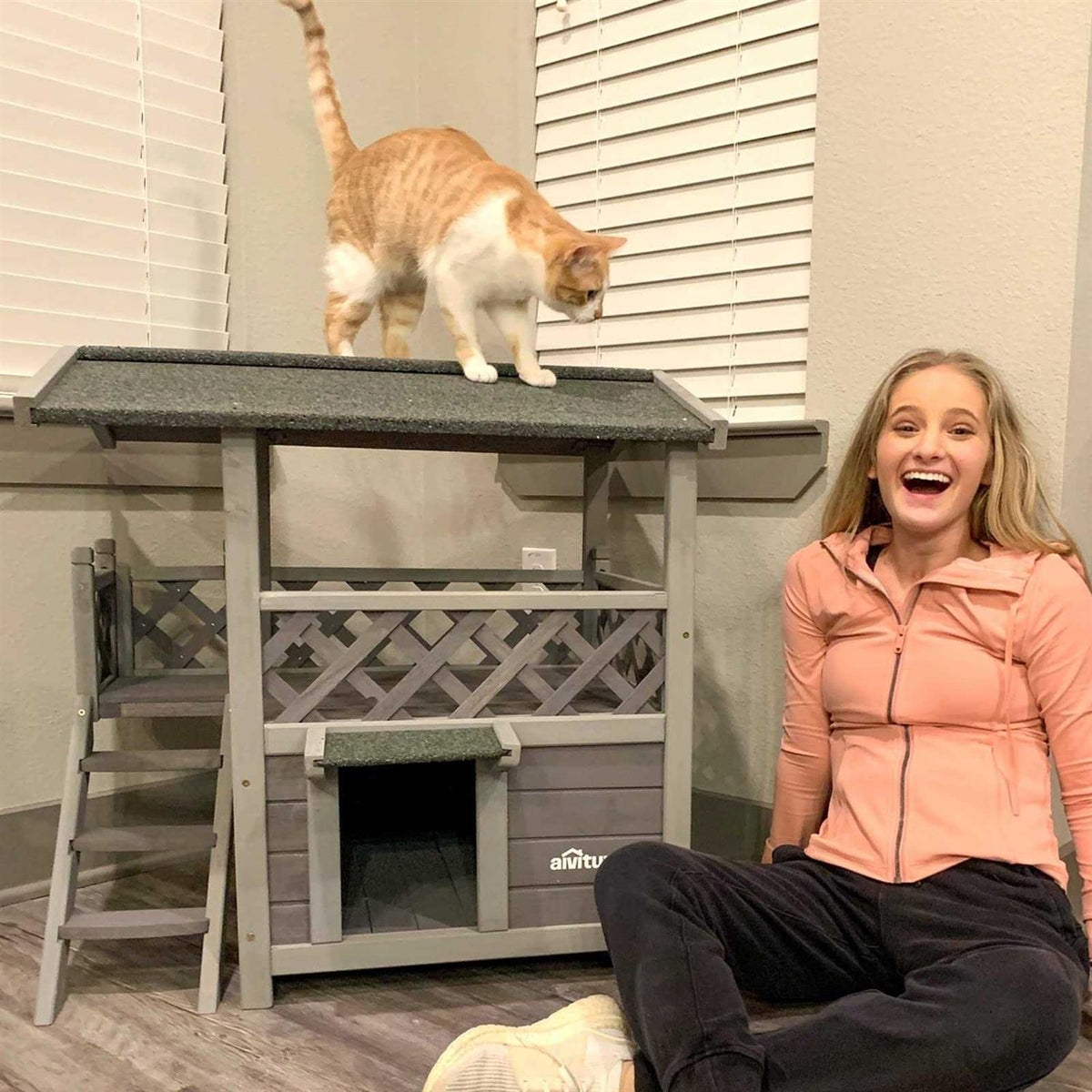 Outdoor Indoor Cat House with Escape Door W2984