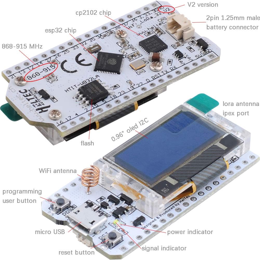 ESP32 OLED LoRa 915MHz Module V2 with SMA Antenna, Pack of 2 A26287