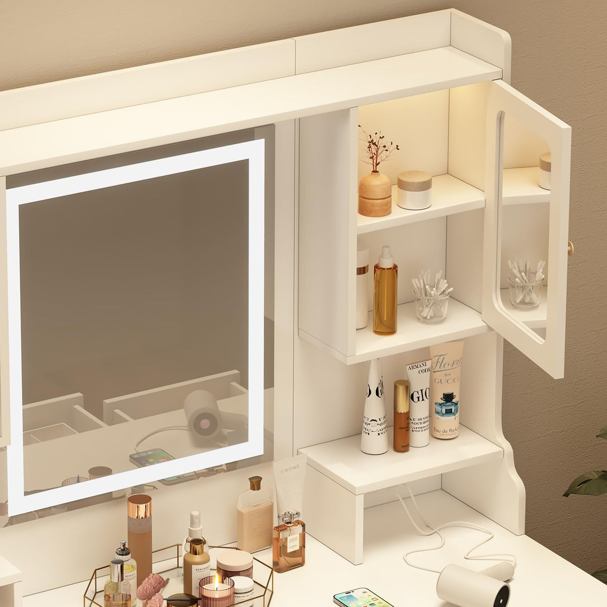 White Vanity Desk with LED Lighted Mirror and 11 Drawers P3650