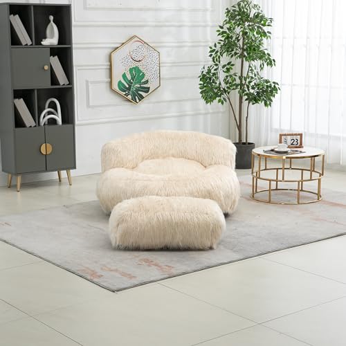 Wine Red Fluffy Faux Fur Oversized Bean Bag Chair with Ottoman D212064