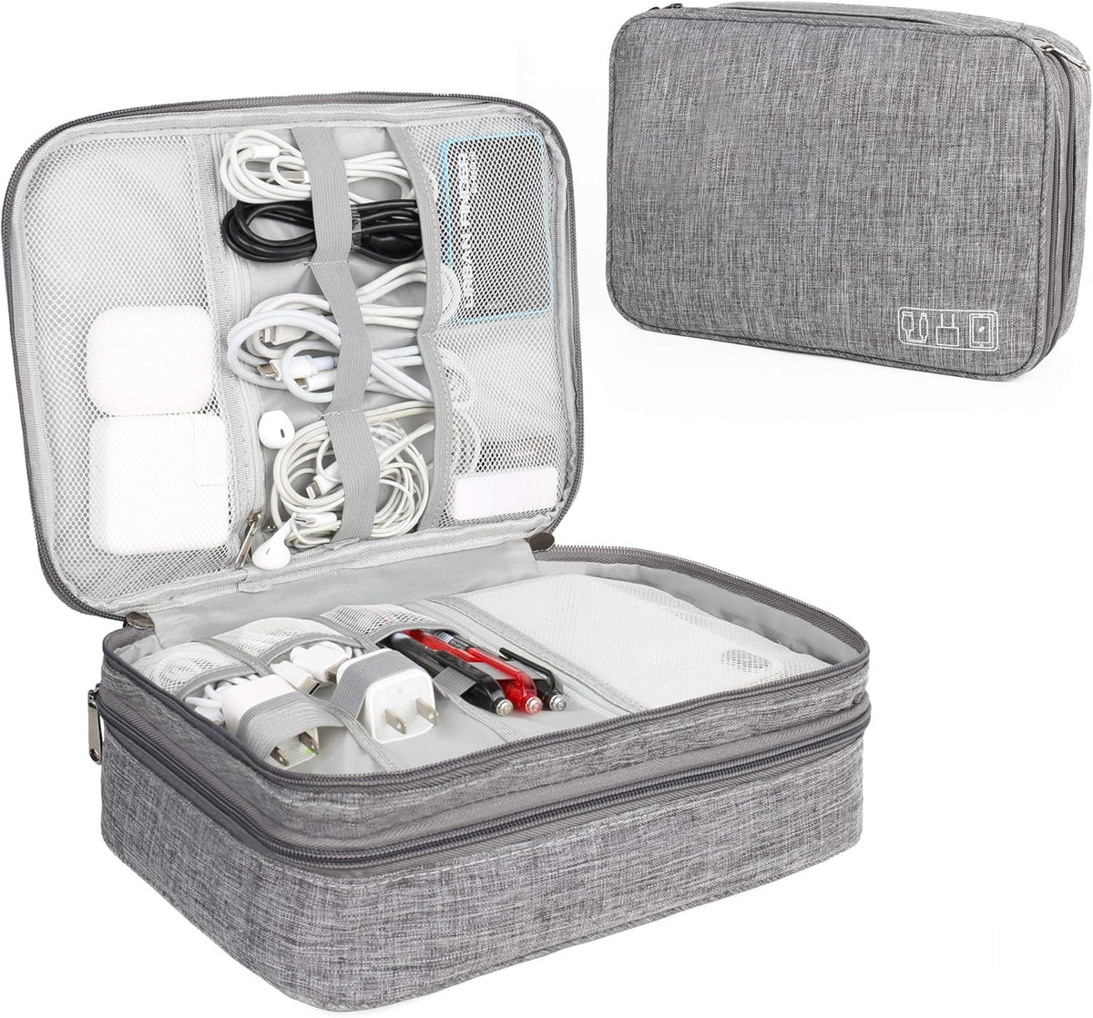 Electronics Organizer Bag Double Layer Travel Cable Storage Case, Grey P666125