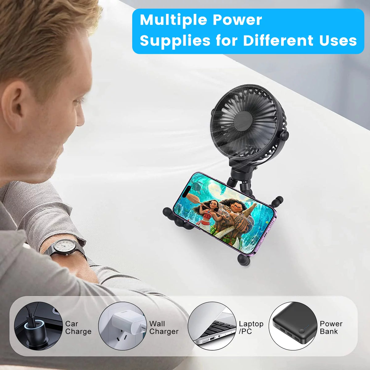 Portable Rechargeable Clip on Fan with Flexible Tripod Black V109036
