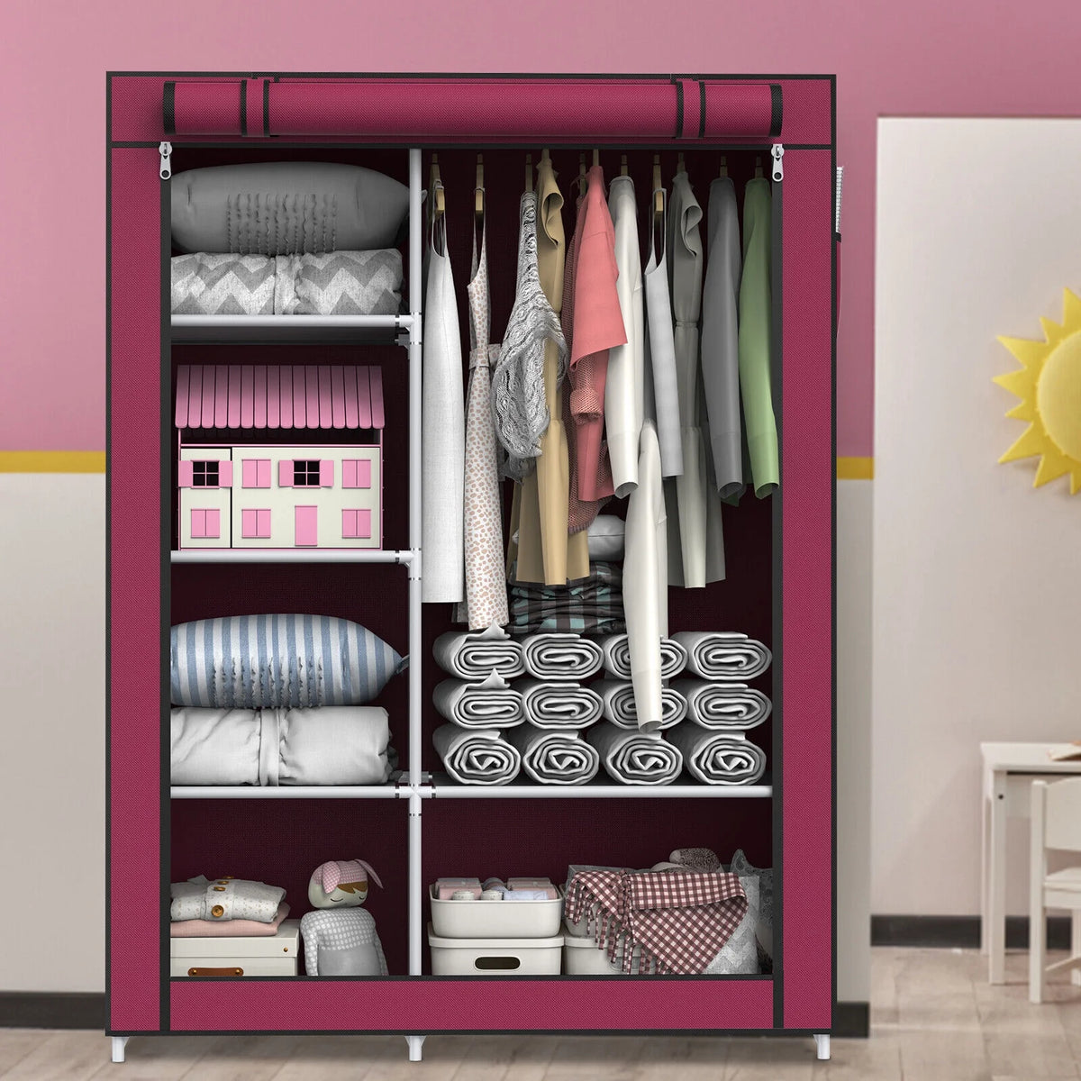 Portable Wardrobe Closet with 5 Storage Shelves and Side Pockets, Red D397