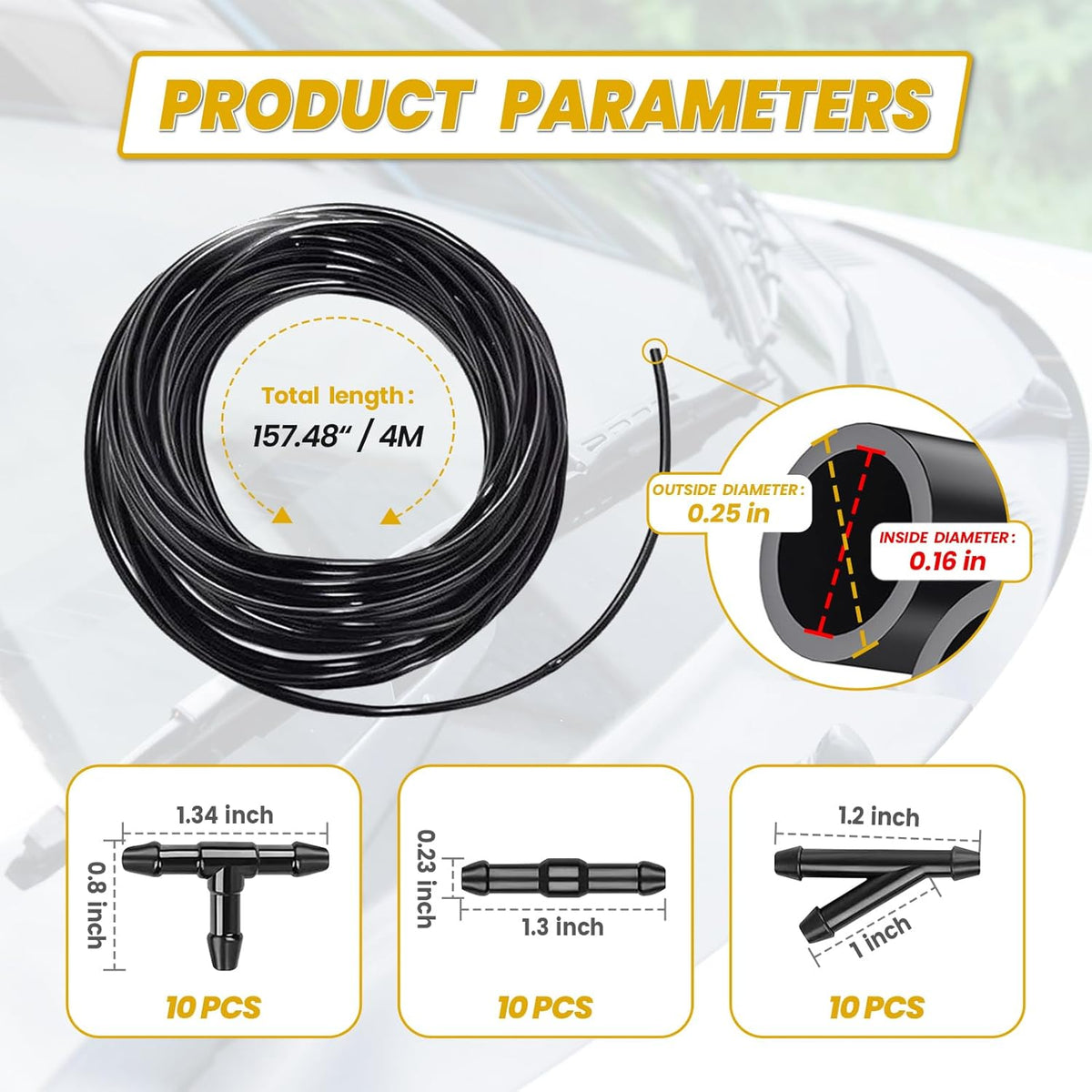 30 PCS Car Windshield Washer Hose Kit, 13Ft Rubber Washer Hose & 3 Type Hose Connectors (Black) D267890