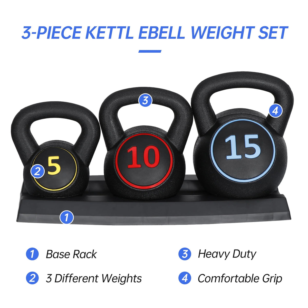 3 Piece 5lb 10lb 15lb Kettlebell Set with Storage Rack T628