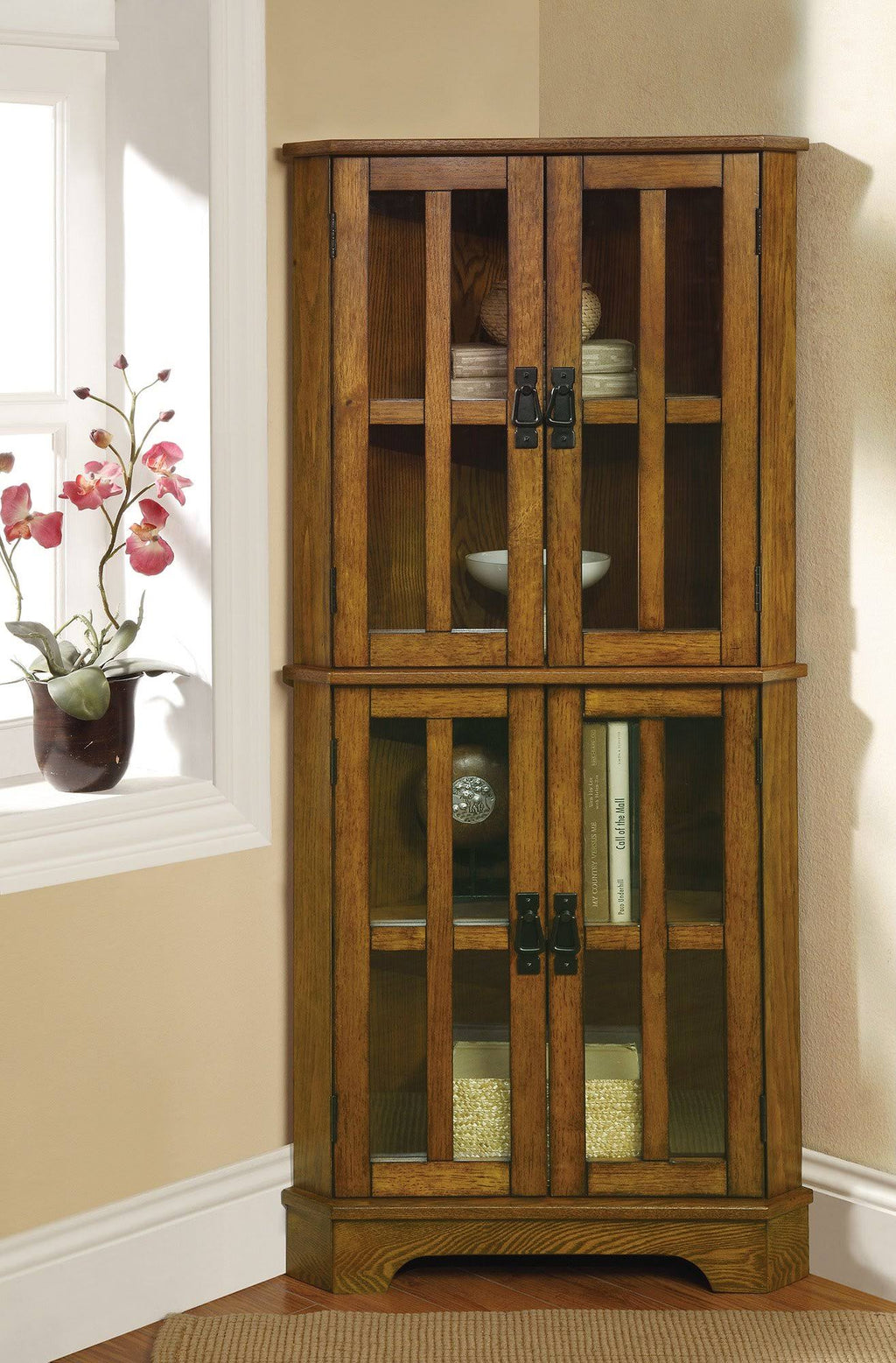 Brown Corner Curio Cabinet with Windowpane Style Door Fronts K23754