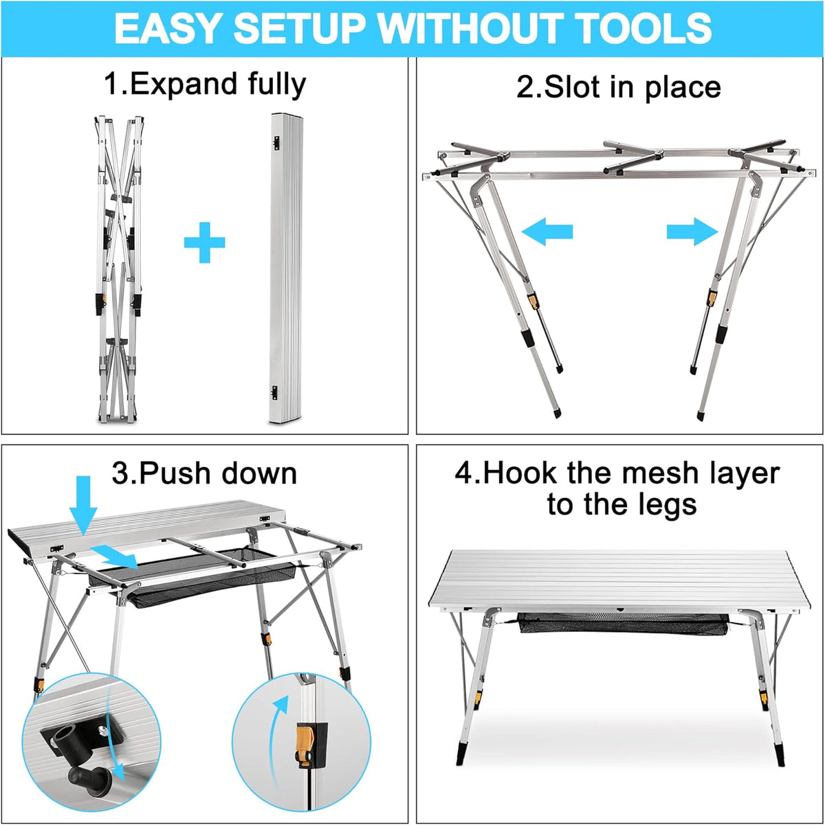 Folding Camping Table with Aluminum Legs Adjustable Height Roll Up Table with Mesh Layer S659