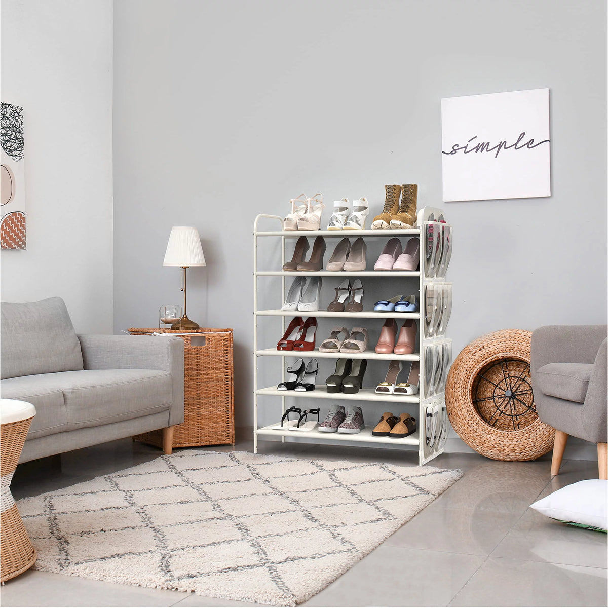 6-Tier Shoe Rack Storage Organizer with Side Hanging Bag, White G75594