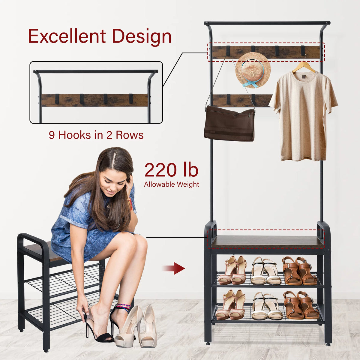 Freestanding Coat Rack with Shoe Bench N423