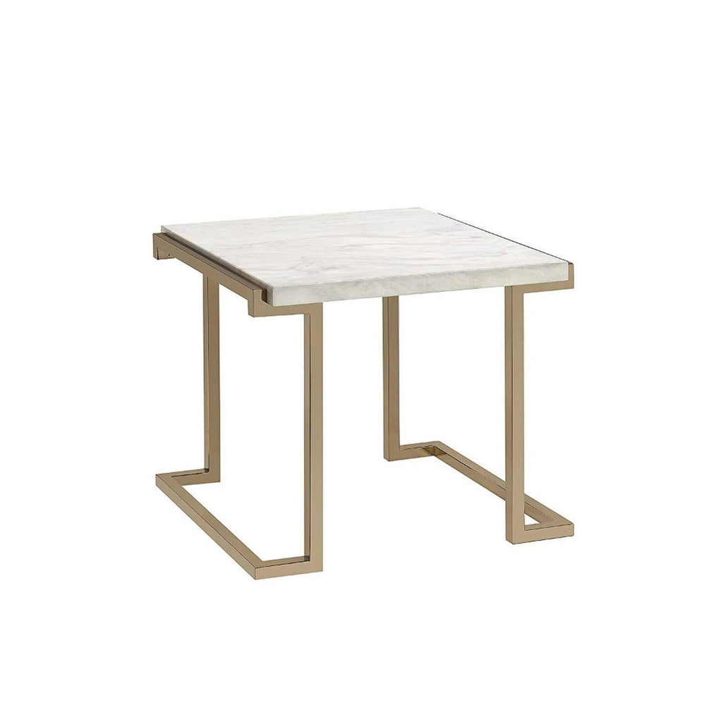 White and Gold Marble Top End Table with Metal Base I2229
