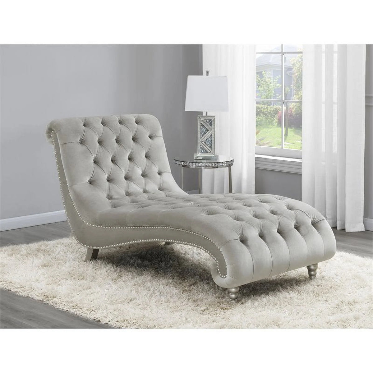 Grey Tufted Cushion Chaise with Nailhead Trim U70501