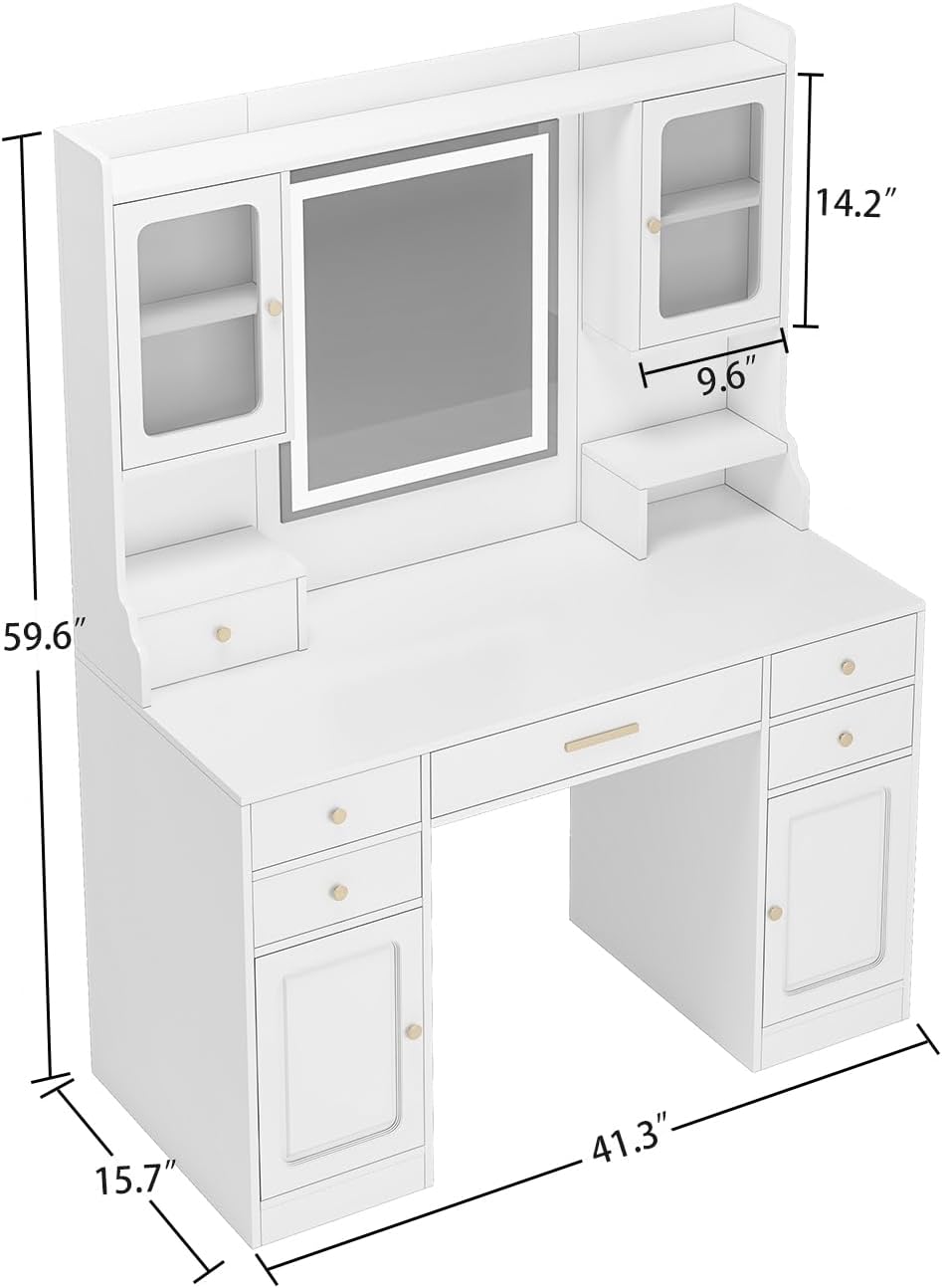 White Vanity Desk with LED Lighted Mirror and 11 Drawers P3650