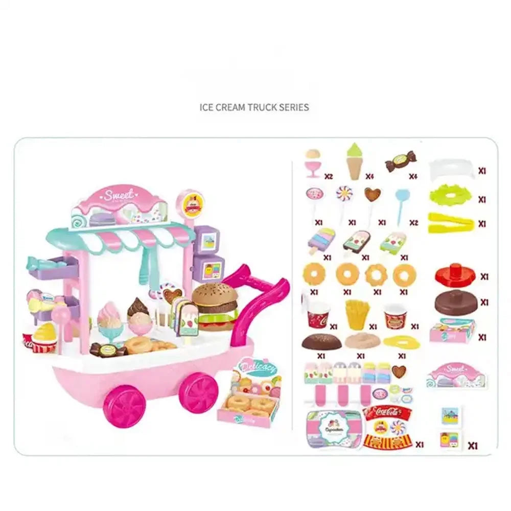 Dessert Candy Trolley Kitchen Toy Set with Umbrella Food Dishes Z133