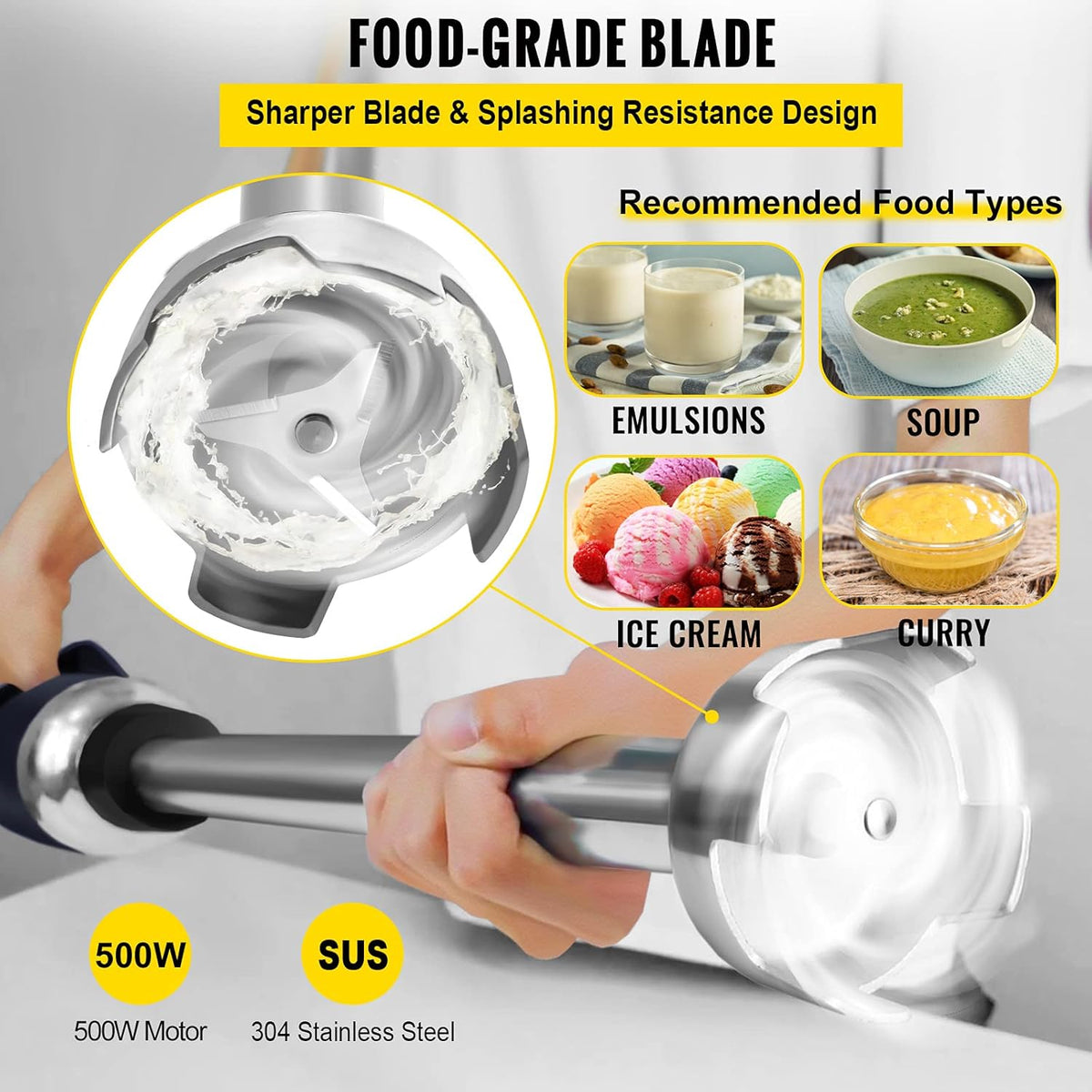 Commercial Immersion Blender 500W 304 Stainless Steel with 11.8" Removable Shaft N340282