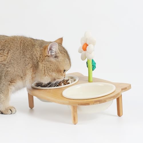 Elevated Cat Ceramic Bowls Stand with Bamboo Body S311504