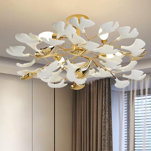Gold Ceramic Ginkgo Leaf Semi Flush Mount Ceiling Light Fixture, 24" G859247