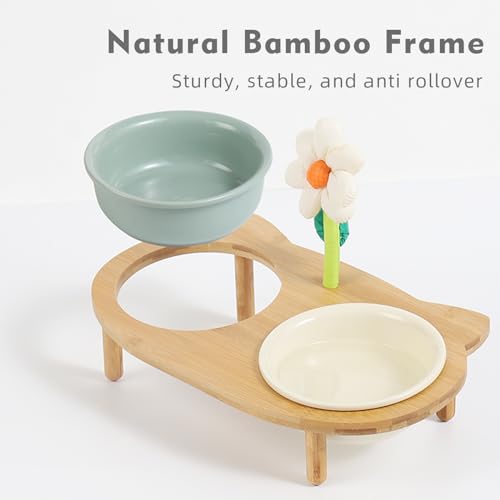 Elevated Cat Ceramic Bowls Stand with Bamboo Body S311504