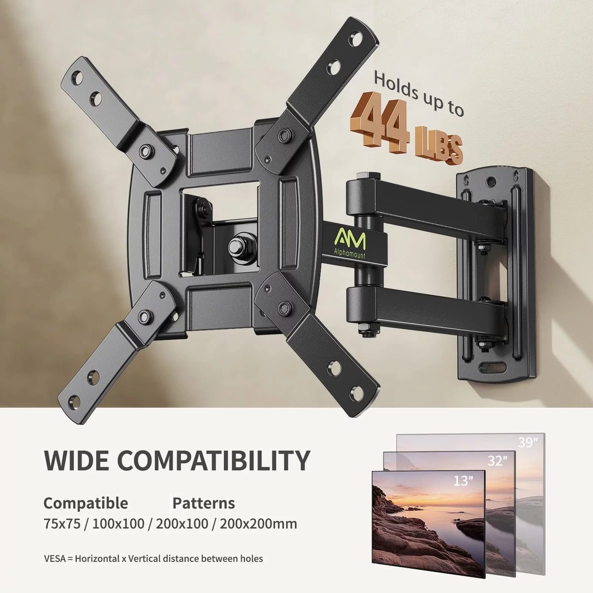 Full Motion TV Wall Mount for 13-39 inch TVs with 360° Rotation Articulating Swivel Extension Arms and Tilt, 200x200mm S3091