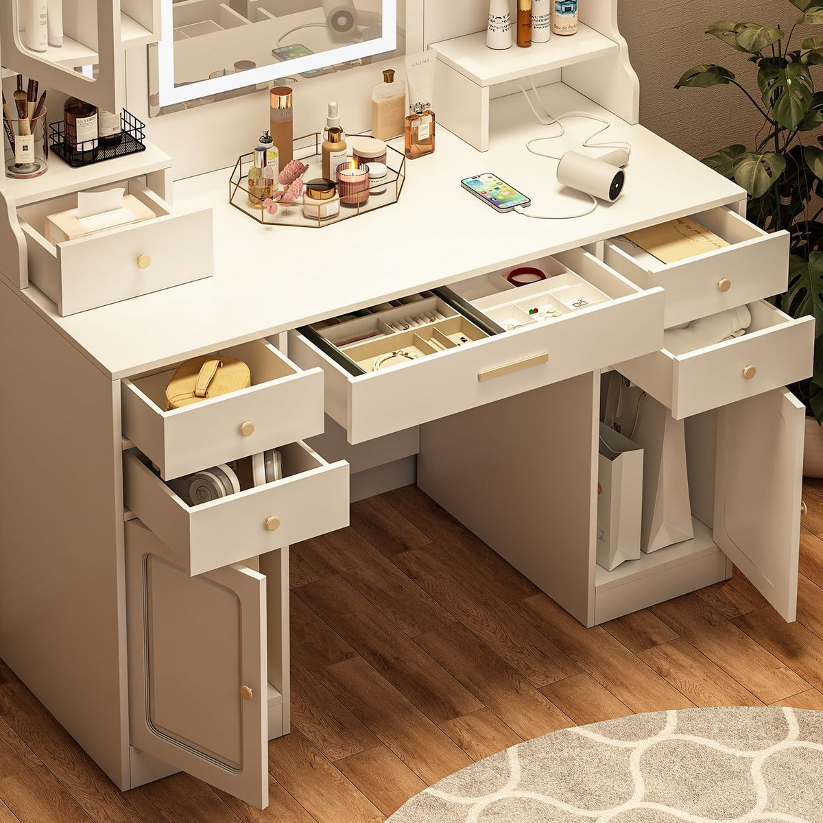 White Vanity Desk with LED Lighted Mirror and 11 Drawers P3650