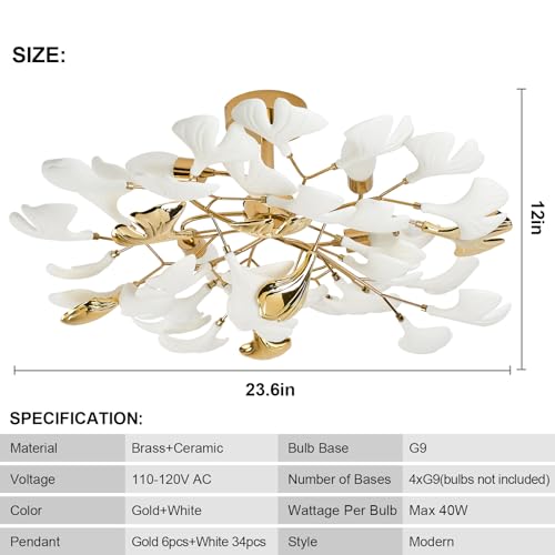 Gold Ceramic Ginkgo Leaf Semi Flush Mount Ceiling Light Fixture, 24" G859247