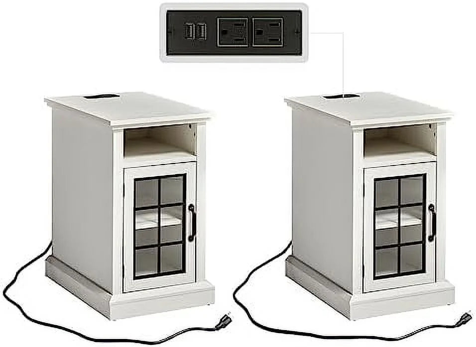 Distressed White End Table with Glass Door J95050