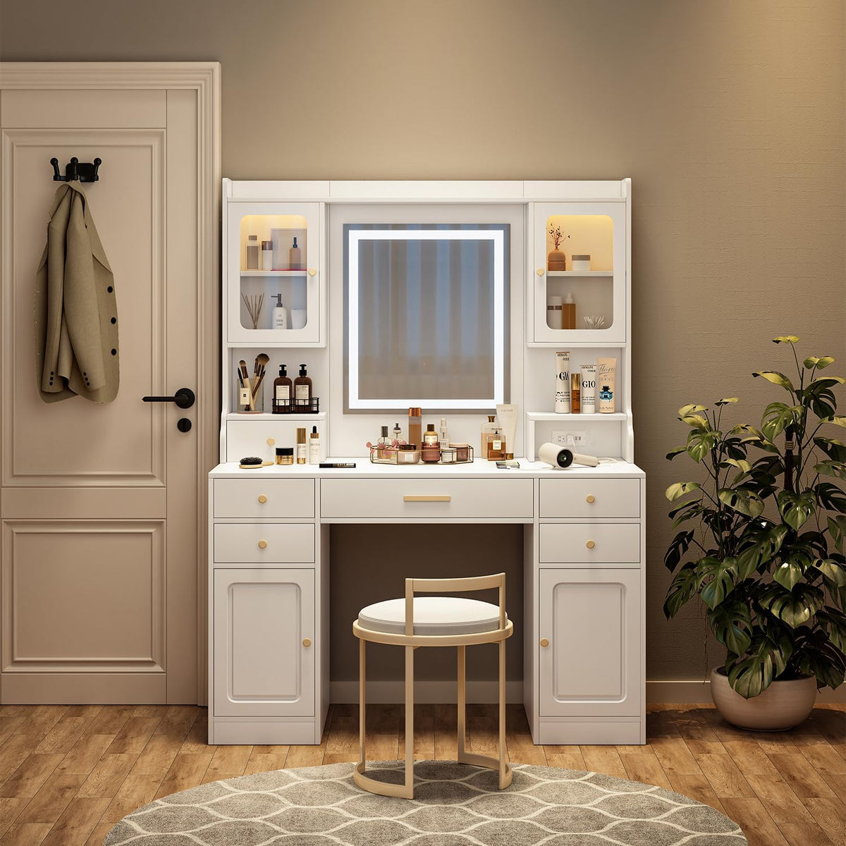 White Vanity Desk with LED Lighted Mirror and 11 Drawers P3650