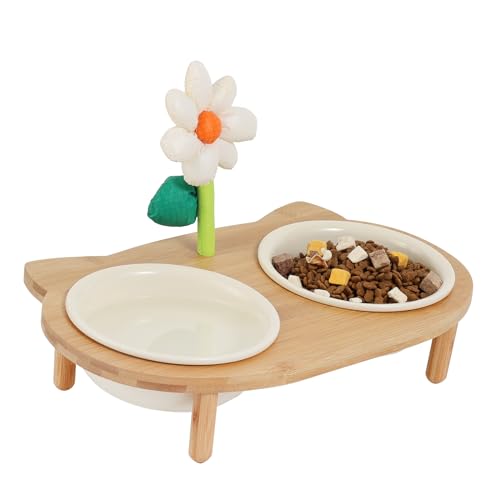 Elevated Cat Ceramic Bowls Stand with Bamboo Body S311504