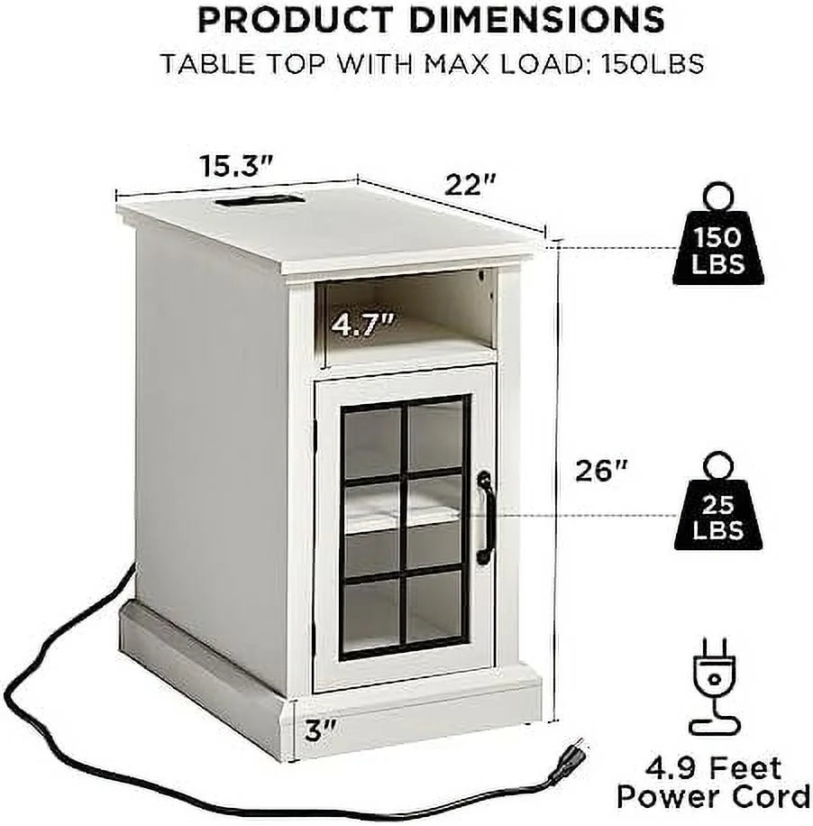 Distressed White End Table with Glass Door J95050