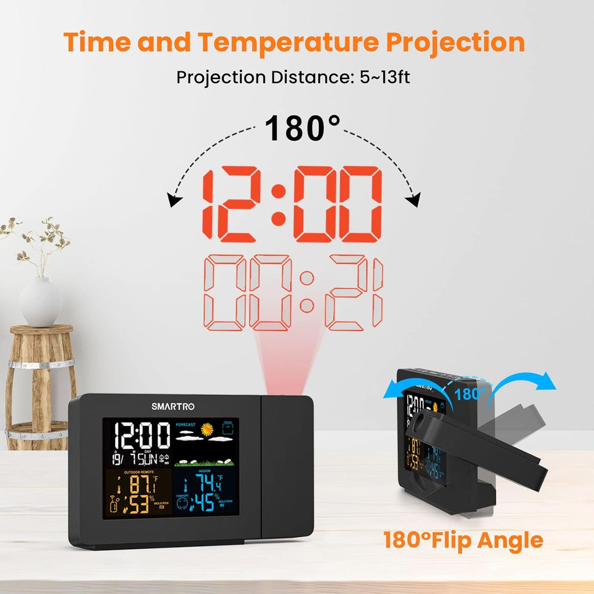 Projection Alarm Clock with Weather Station, Wireless Indoor Outdoor Thermometer, Temperature Humidity Monitor F95288