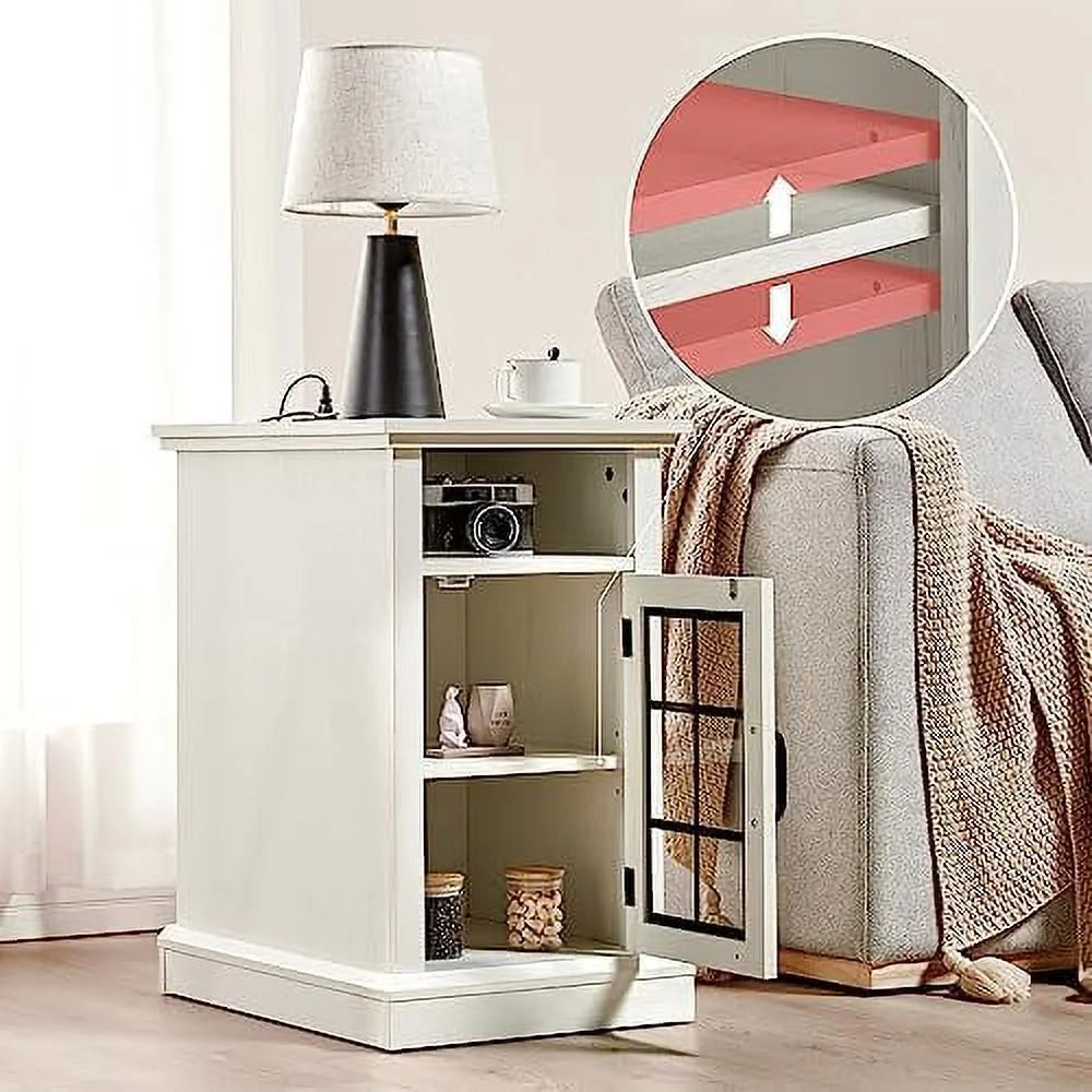 Distressed White End Table with Glass Door J95050