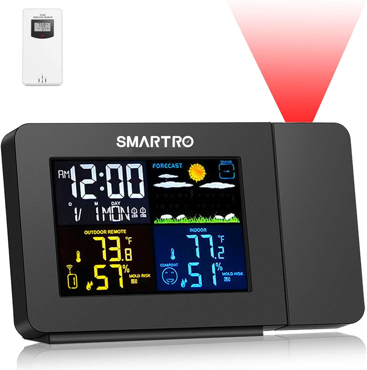 Projection Alarm Clock with Weather Station, Wireless Indoor Outdoor Thermometer, Temperature Humidity Monitor F95288