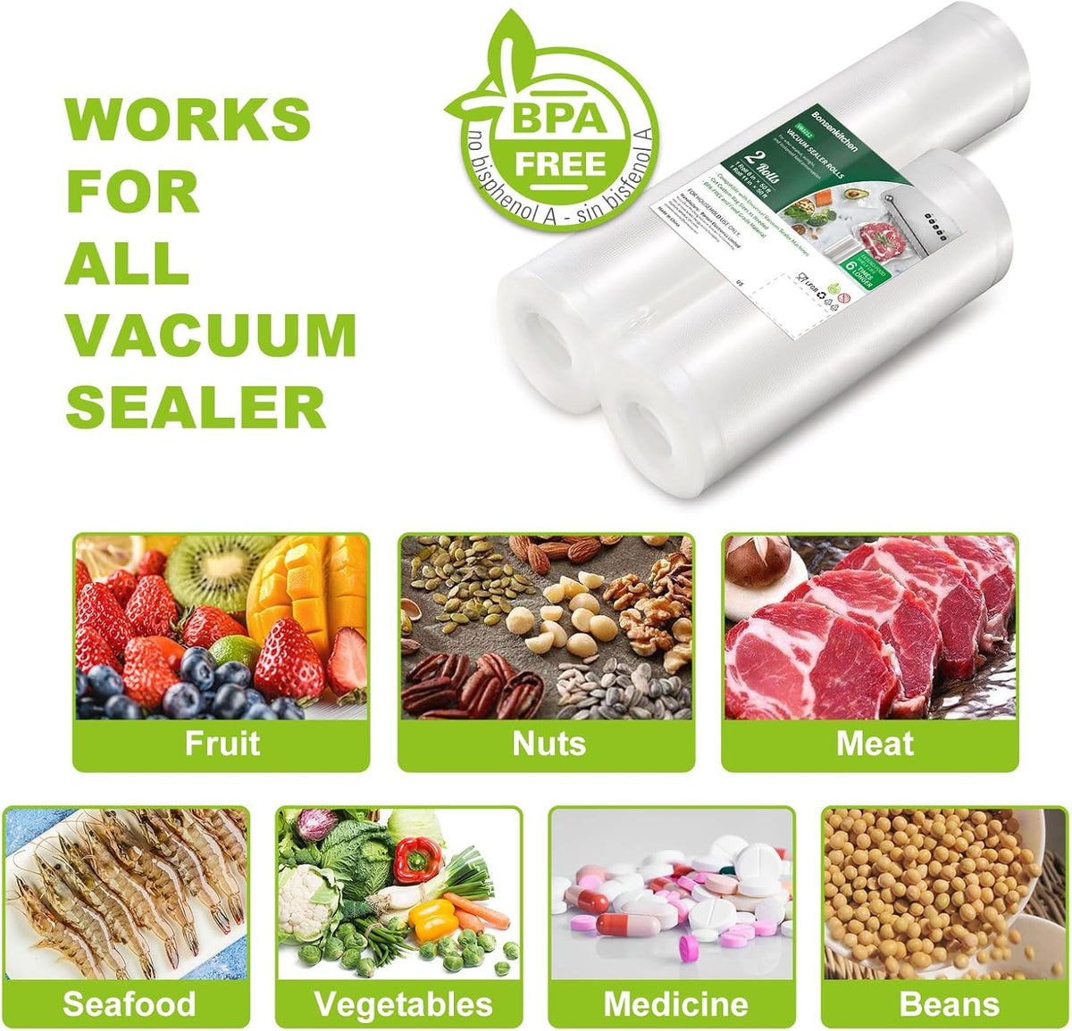 8" x 50' & 11" x 50' BPA Free Vacuum Food Sealer Bag Rolls B78729