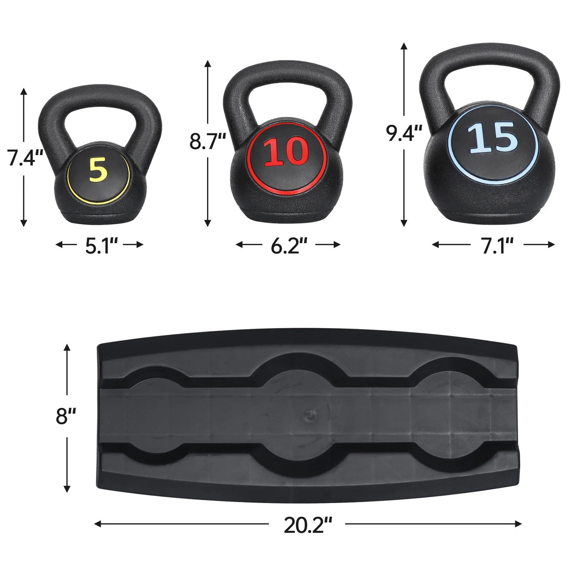 3 Piece 5lb 10lb 15lb Kettlebell Set with Storage Rack T628