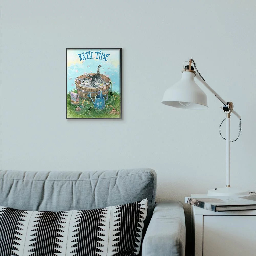 Bath Time Funny Cat Cartoon Framed Wall Art E129304