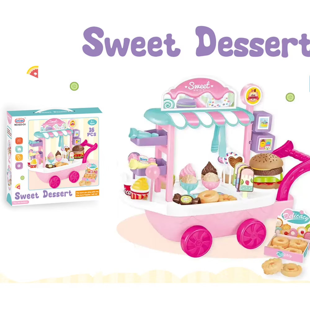 Dessert Candy Trolley Kitchen Toy Set with Umbrella Food Dishes Z133