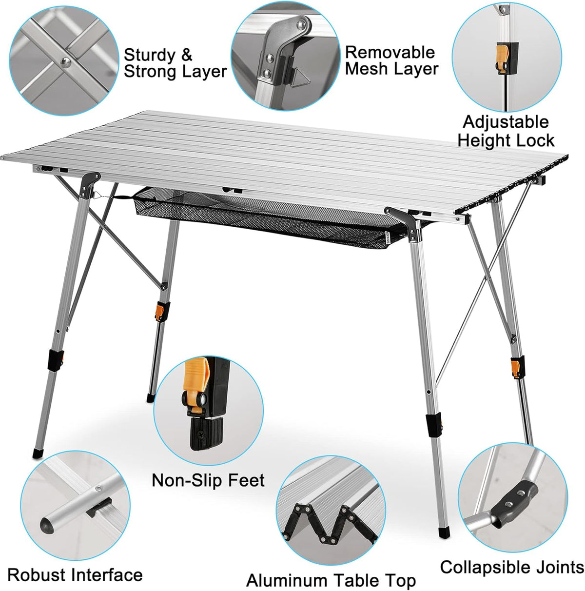 Folding Camping Table with Aluminum Legs Adjustable Height Roll Up Table with Mesh Layer S659