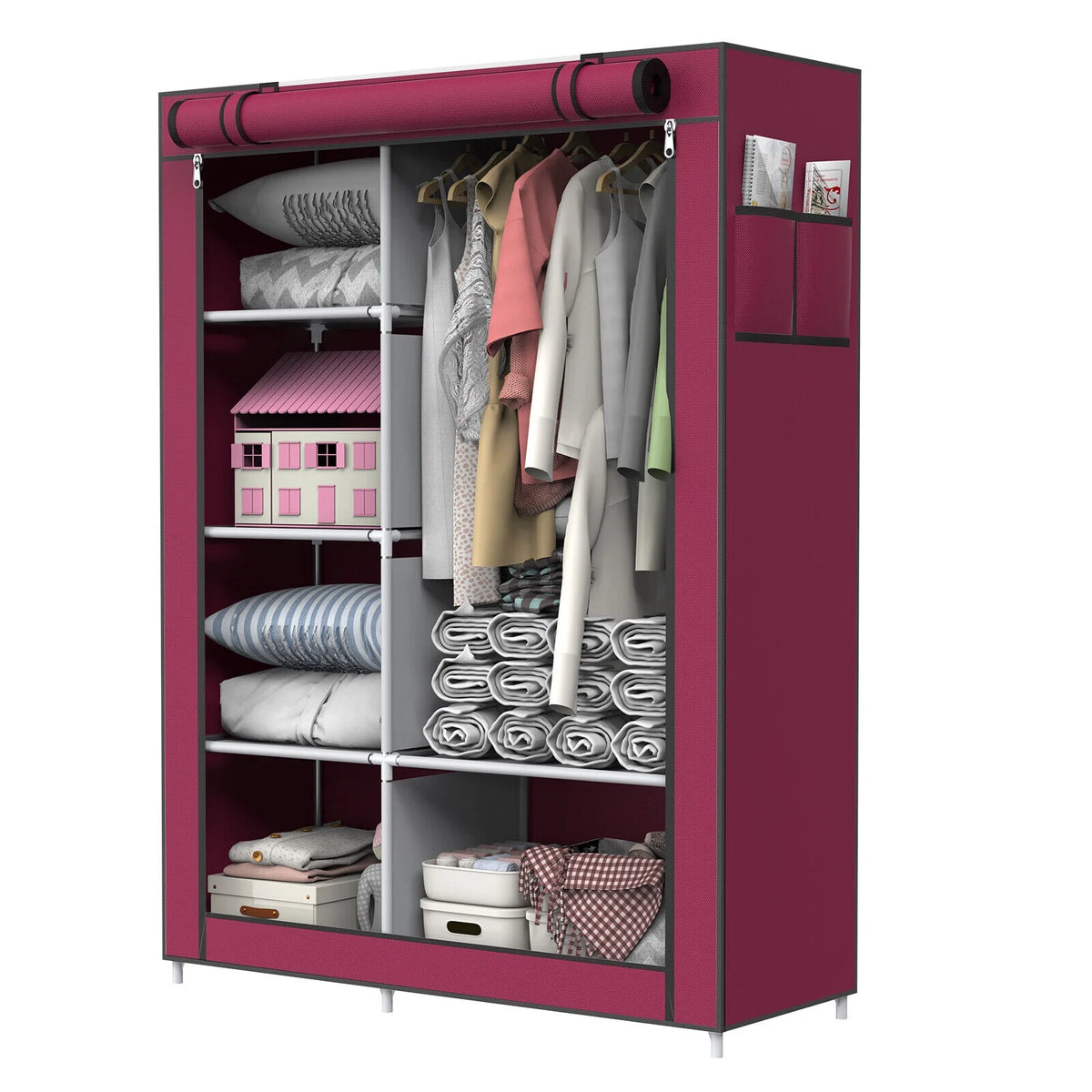 Portable Wardrobe Closet with 5 Storage Shelves and Side Pockets, Red D397