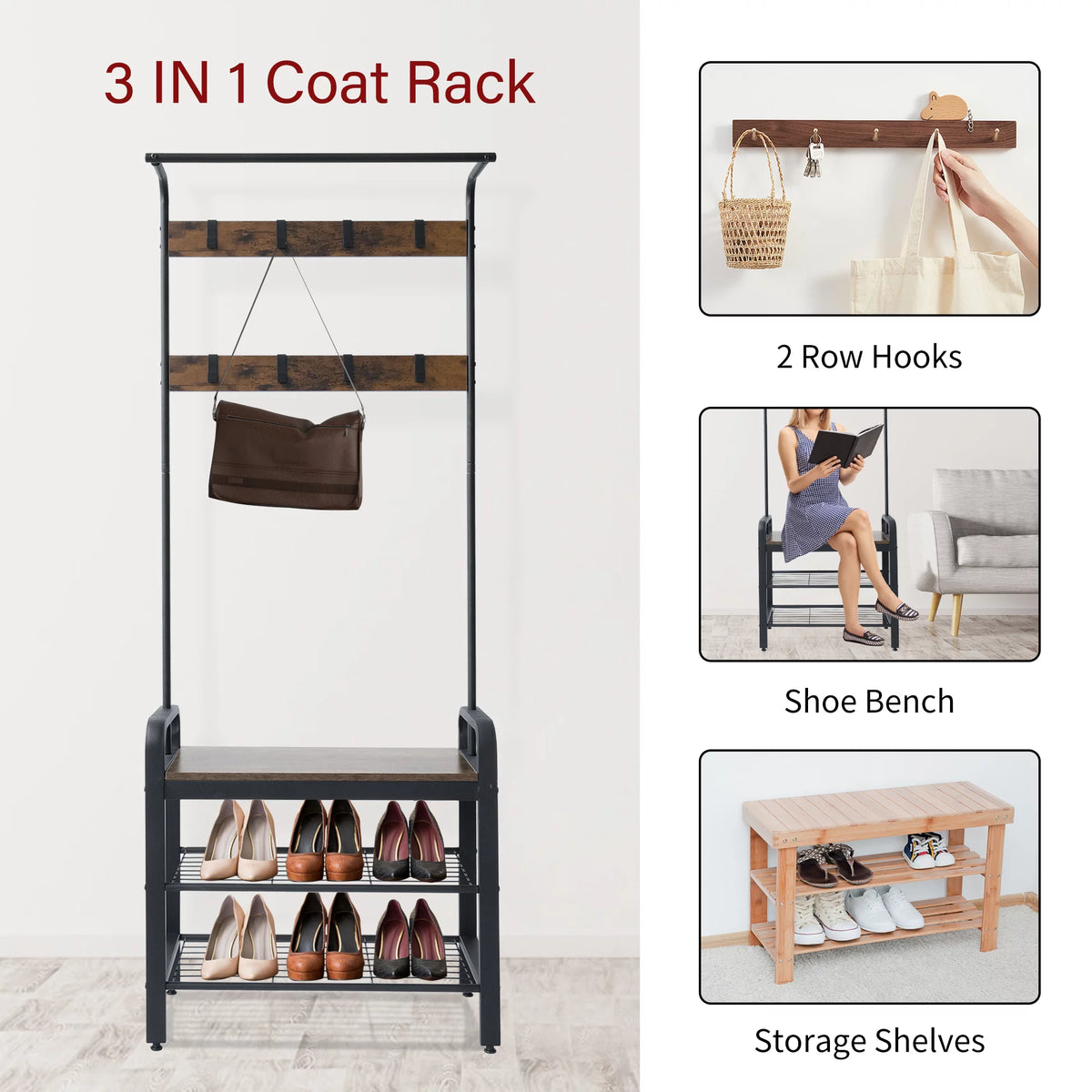 Freestanding Coat Rack with Shoe Bench N423