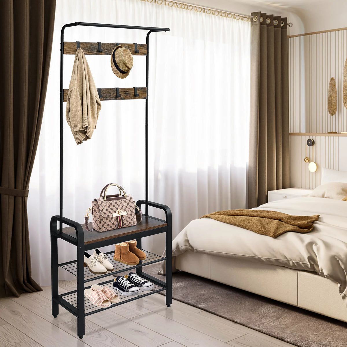 Freestanding Coat Rack with Shoe Bench N423
