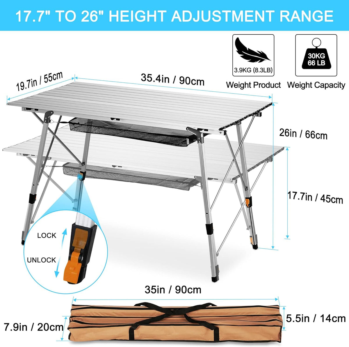 Folding Camping Table with Aluminum Legs Adjustable Height Roll Up Table with Mesh Layer S659