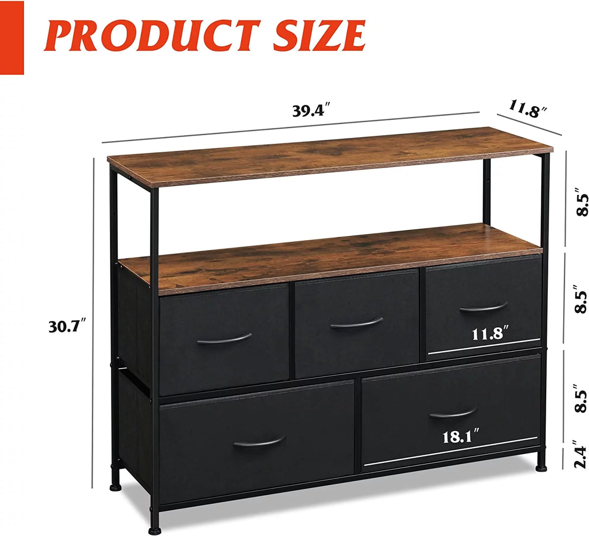 Black and Rustic Brown TV Stand with Fabric Drawers B2487