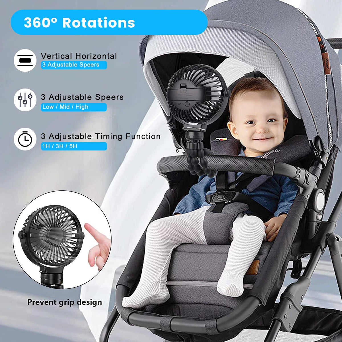 Portable Rechargeable Clip on Fan with Flexible Tripod Black V109036